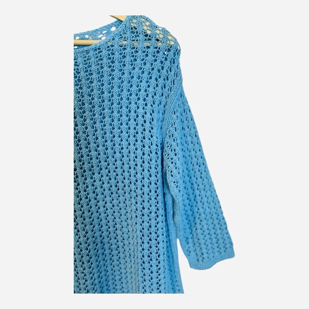 J. Jill Turquoise Open Stitch Knit Aegean Small Pullover 3/4 Sleeve Sweater NWT - Picture 3 of 10